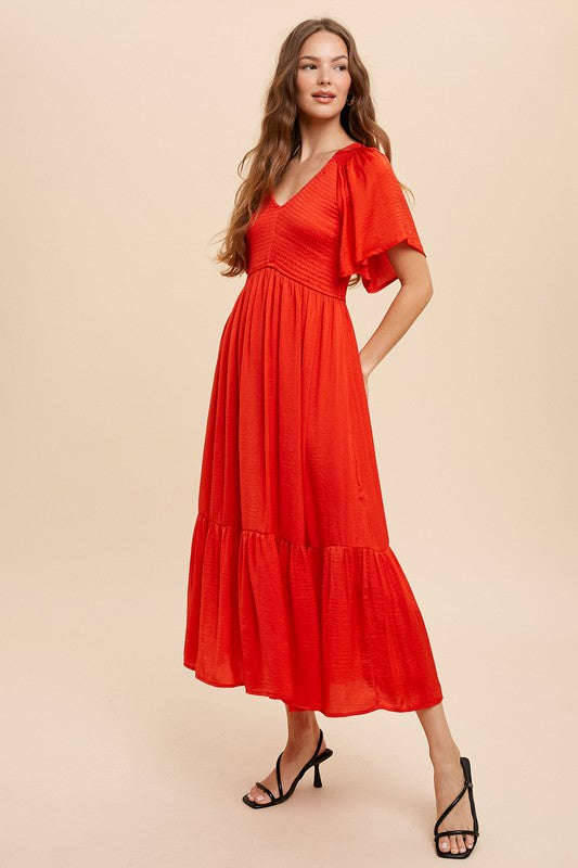 In Loom Satin Smocked Midi Dress - Red Orange