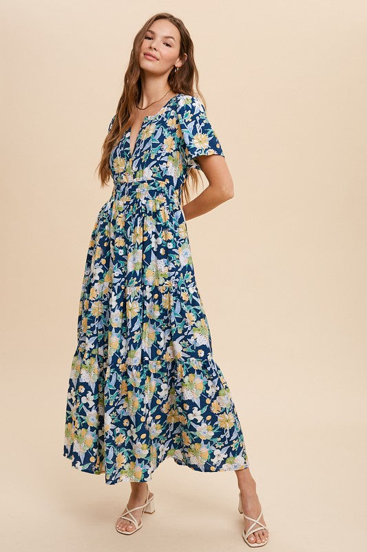 In Loom V Neck Floral Midi Dress - Midnight Blue