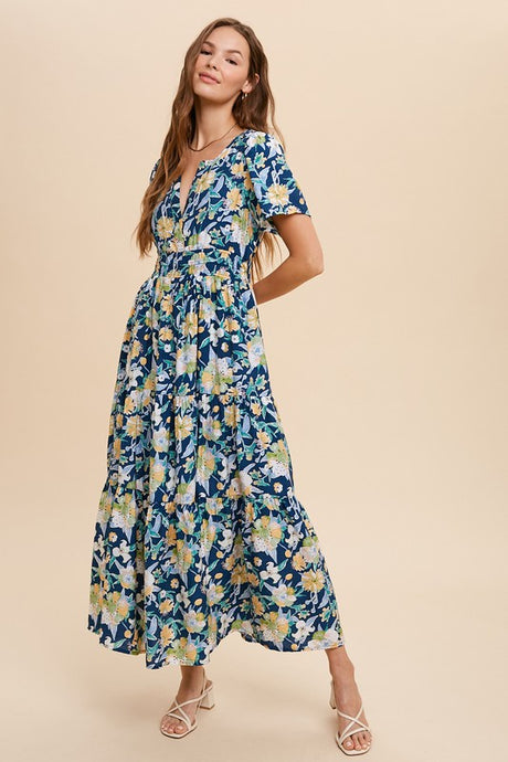 In Loom V Neck Floral Midi Dress - Midnight Blue