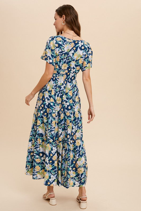 In Loom V Neck Floral Midi Dress - Midnight Blue