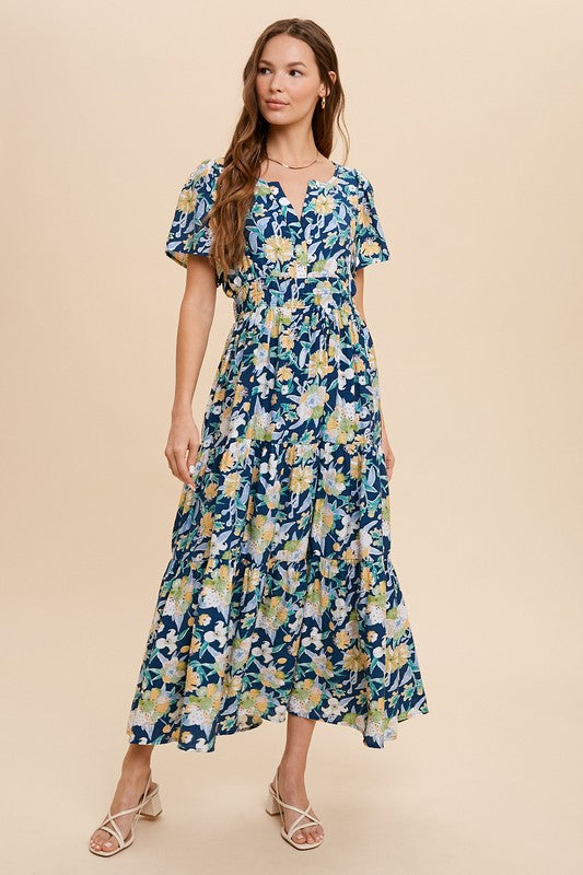 In Loom V Neck Floral Midi Dress - Midnight Blue