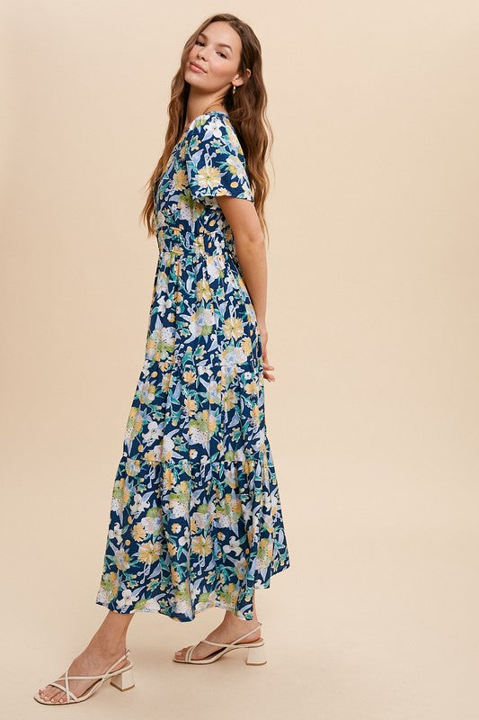 In Loom V Neck Floral Midi Dress - Midnight Blue