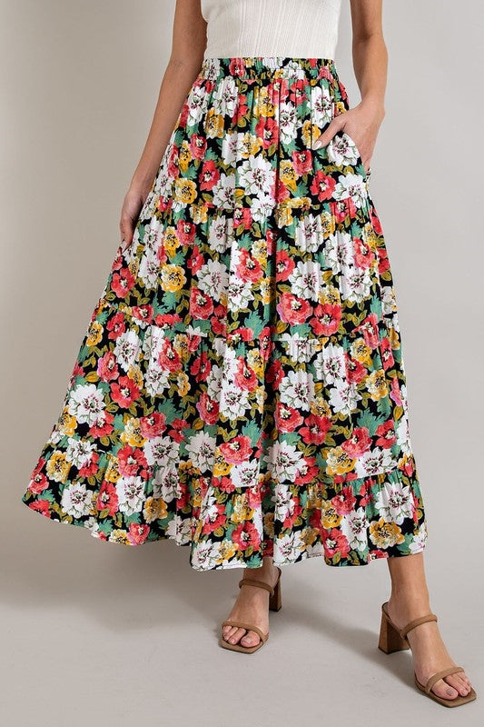 Eesome Tiered Floral Ankle Skirt - Black
