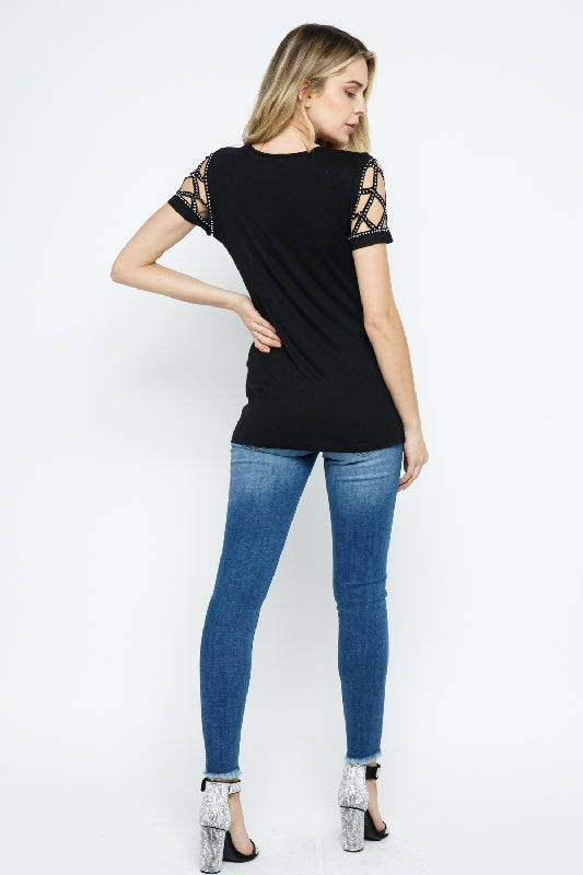 Vocal Cut Out Neckline Silver Studs Top - Black