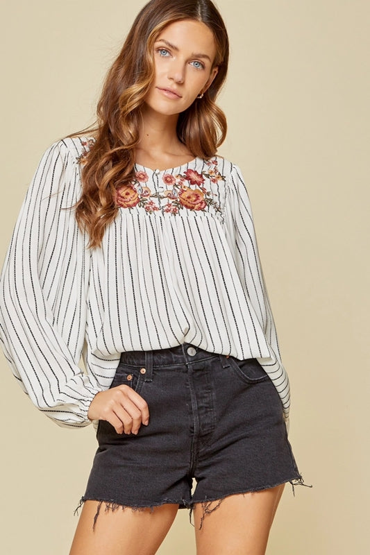 Savanna Jane Embroidered Stripe Blouse - Ivory