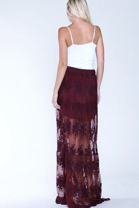 Embroidered Mesh Lace Maxi Mini Skirt - Burgundy