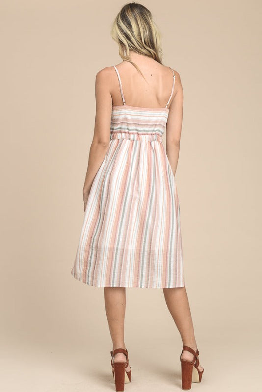 Doe & Rae Striped Strappy Knee Length Dress - Salmon