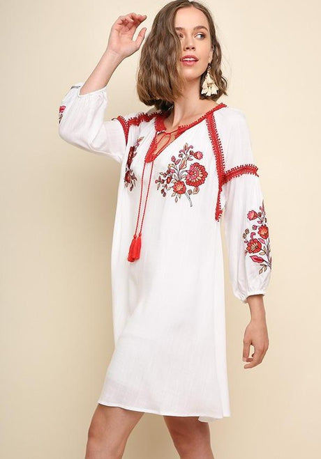 Umgee Red White Embroidered Dress - Off White