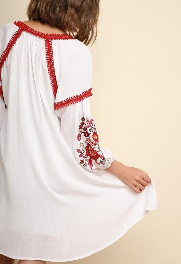 Umgee Red White Embroidered Dress - Off White