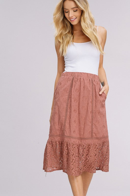 Embroidered Roses & Lace Midi Skirt - Dried Rose