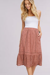 Embroidered Roses & Lace Midi Skirt - Dried Rose