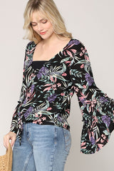 Kyemi Tropical Paradise Bell Sleeve Top - Black