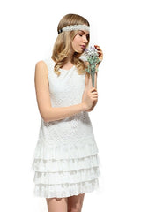 Shabby Chic Eyelash Lace Ruffle Dress - White