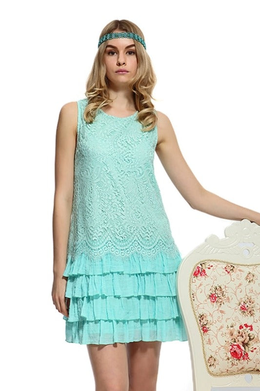 Shabby Chic Eyelash Lace Ruffle Dress - Mint