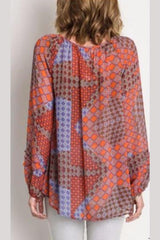 Umgee Patchwork Sheer Blouse - Tangerine