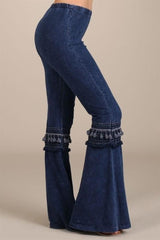 Chatoyant Mineral Wash Bell Bottom Soft Pants with Knee Tassel