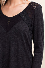 L Love Lace Accent Ribbed Top - Charcoal