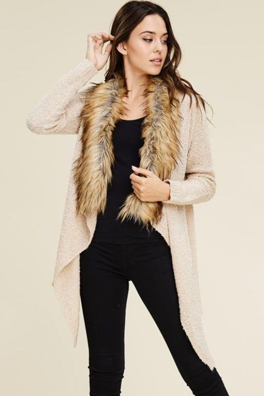 Faux Fur Trim Waterfall Sweater - Oatmeal