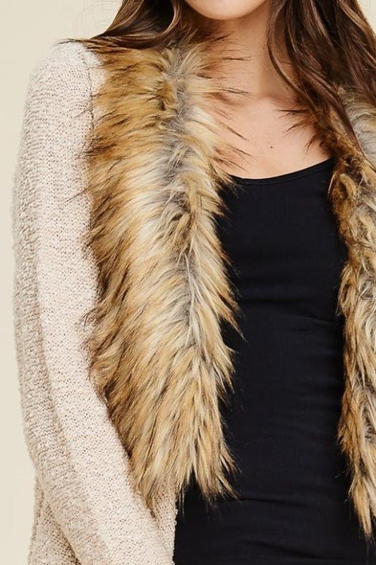 Faux Fur Trim Waterfall Sweater - Oatmeal