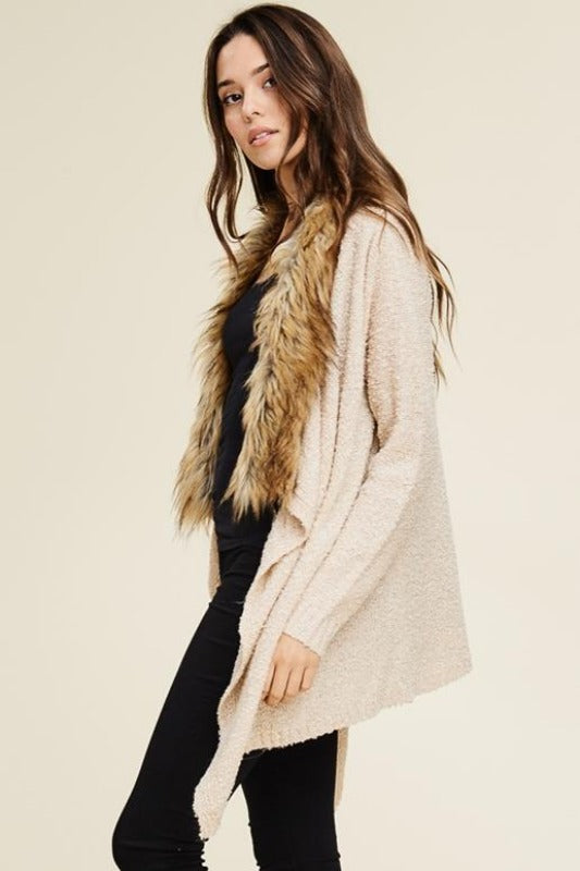 Faux Fur Trim Waterfall Sweater - Oatmeal