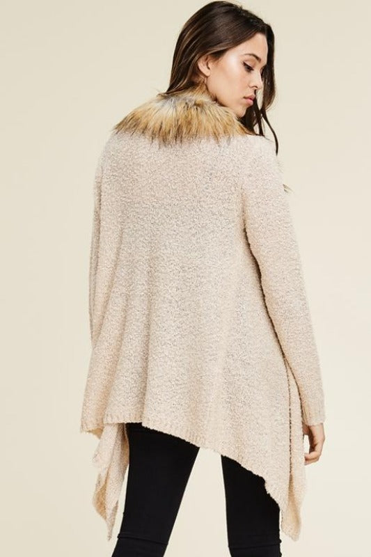 Faux Fur Trim Waterfall Sweater - Oatmeal