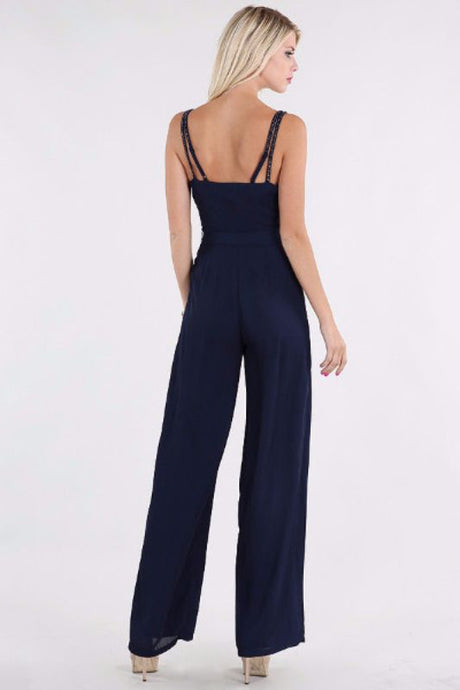 Evening Out Chiffon Bead Strap Detail Jumpsuit - Navy