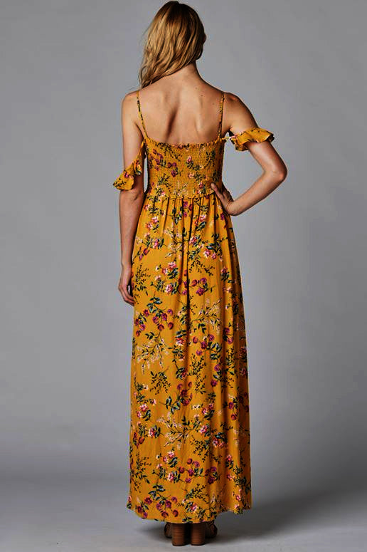 Floral Print Open Shoulder Smocked Maxi Dress - Mustard