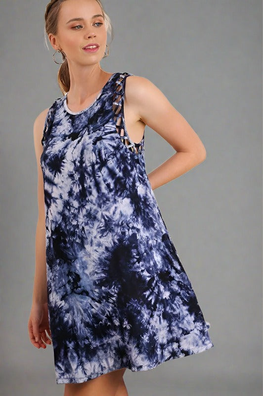 Umgee Tie Dye Shift Dress with Cutouts - Cobalt