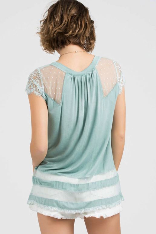 POL Jersey Cap Sleeve Lace Top - Emerald