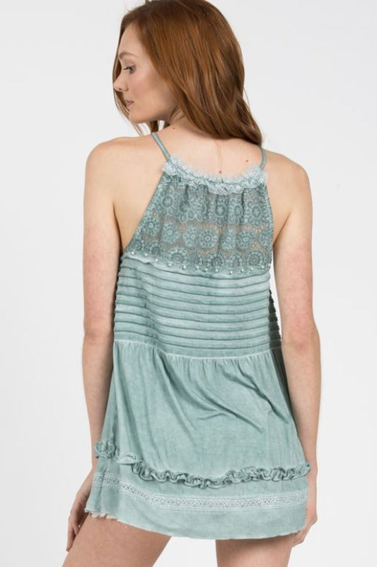 POL Jersey Pintuck Cami Babydoll Tank - Emerald & Pearls