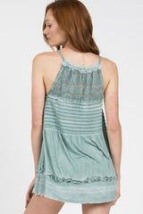 POL Jersey Pintuck Cami Babydoll Tank - Emerald & Pearls