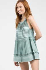 POL Jersey Pintuck Cami Babydoll Tank - Emerald & Pearls