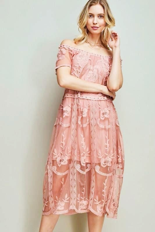 Entro Off Shoulder Lace Midi Dress - Blush