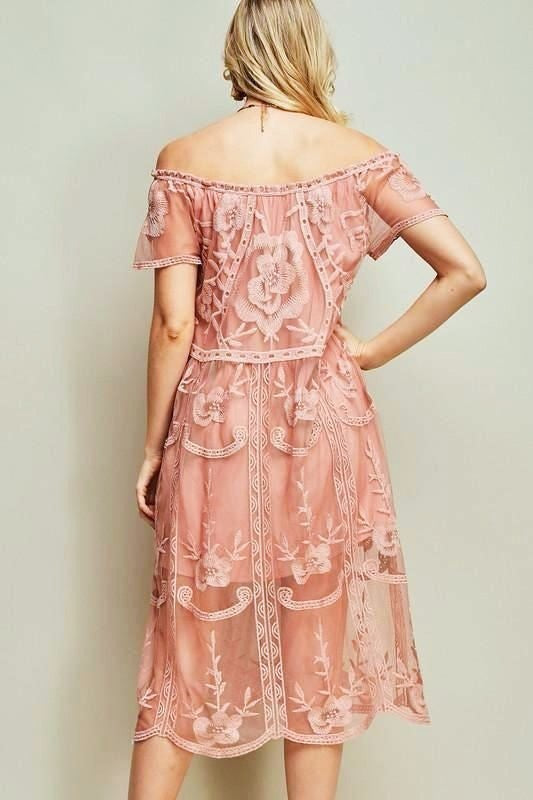 Entro Off Shoulder Lace Midi Dress - Blush