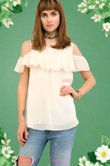 Entro Swiss Dot Ruffle Cold Shoulder Top - Natural