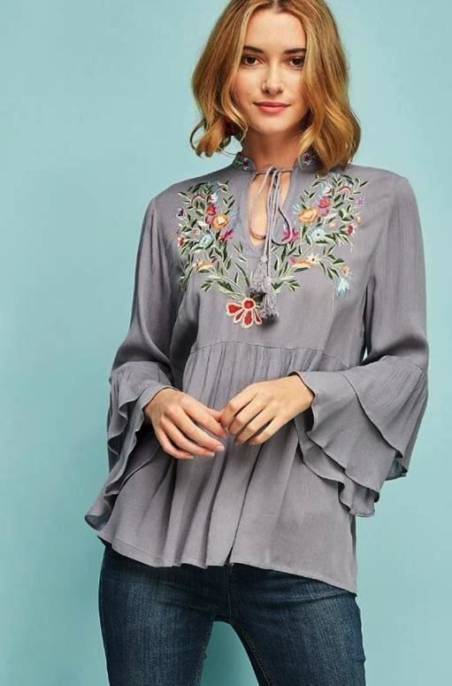Entro Embroidered Boho Bell Sleeves Top - Grey