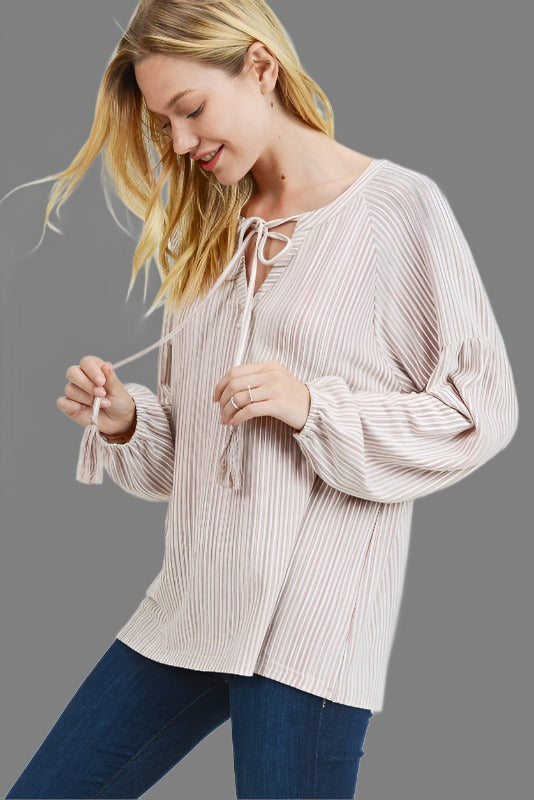 Bubble Sleeve Tassel Ties Stripes Top - Sand Mauve