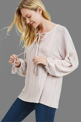 Bubble Sleeve Tassel Ties Top - Sand-Mauve