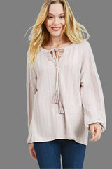 Bubble Sleeve Tassel Ties Top - Sand-Mauve