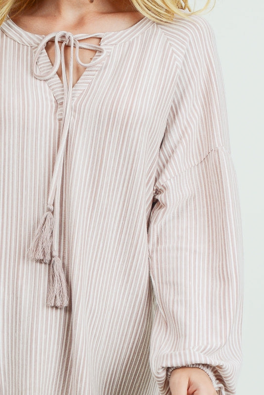 Bubble Sleeve Tassel Ties Stripes Top - Sand Mauve
