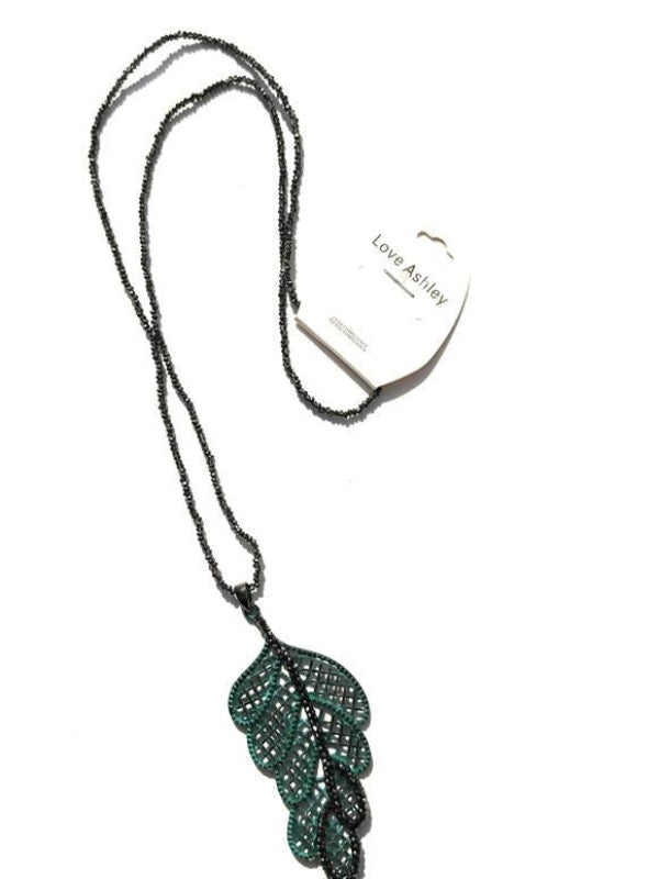 Sparkling Patina Leaf Necklace – Long 32" Beaded Chain