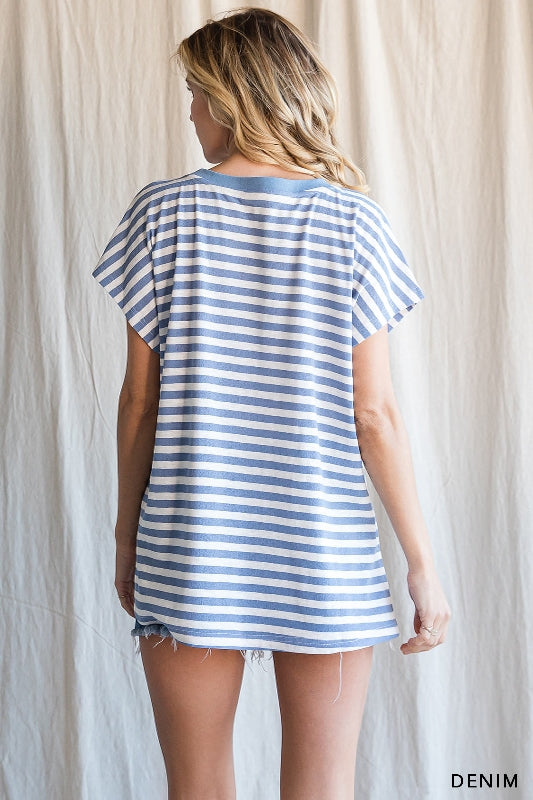 Washed Cotton Stripe Tee Shirt Top - Denim