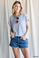 Washed Cotton Stripe Tee Shirt Top - Denim