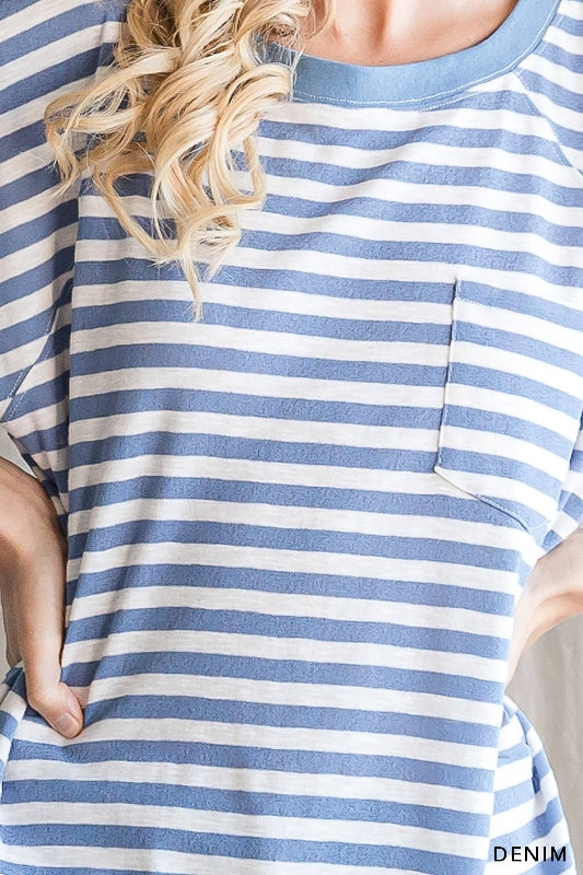 Washed Cotton Stripe Tee Shirt Top - Denim