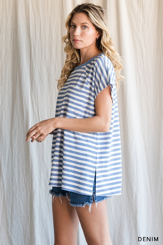 Washed Cotton Stripe Tee Shirt Top - Denim