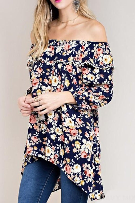 Kori Off Shoulder Roses Blouse - Navy