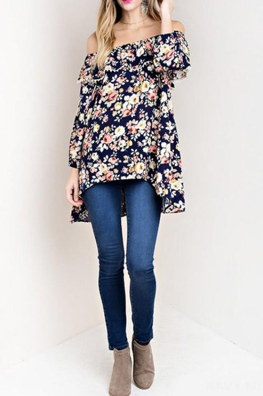 Kori Off Shoulder Roses Blouse - Navy