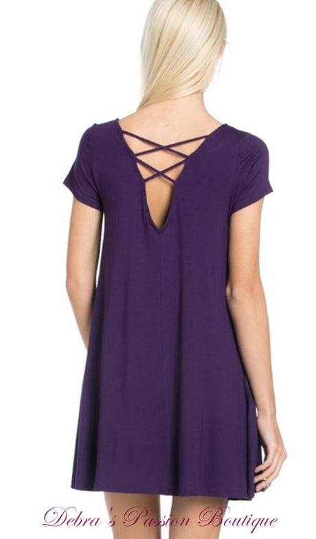 Keep It Simple Cross Back Pocket Dress - Eggplant Purple