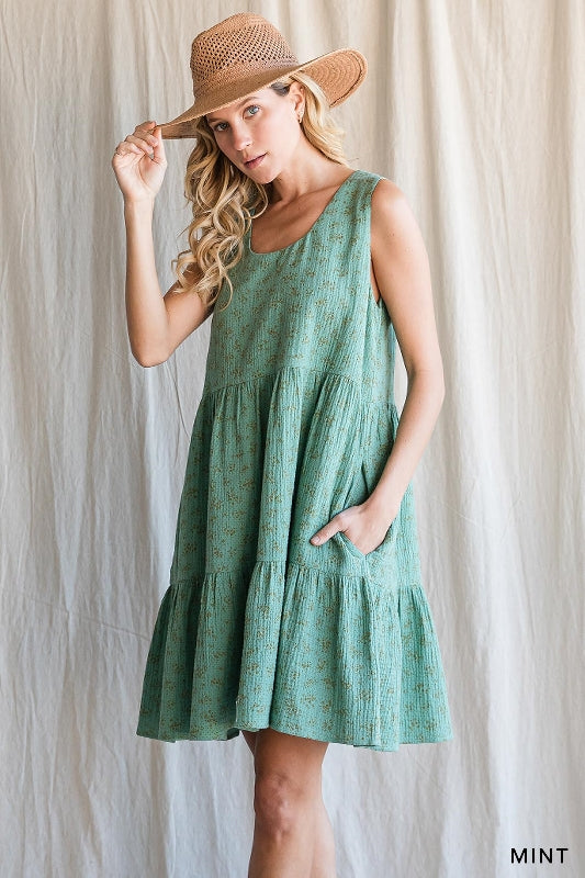 Gauze Ditsy Floral Print Tier Dress - Mint