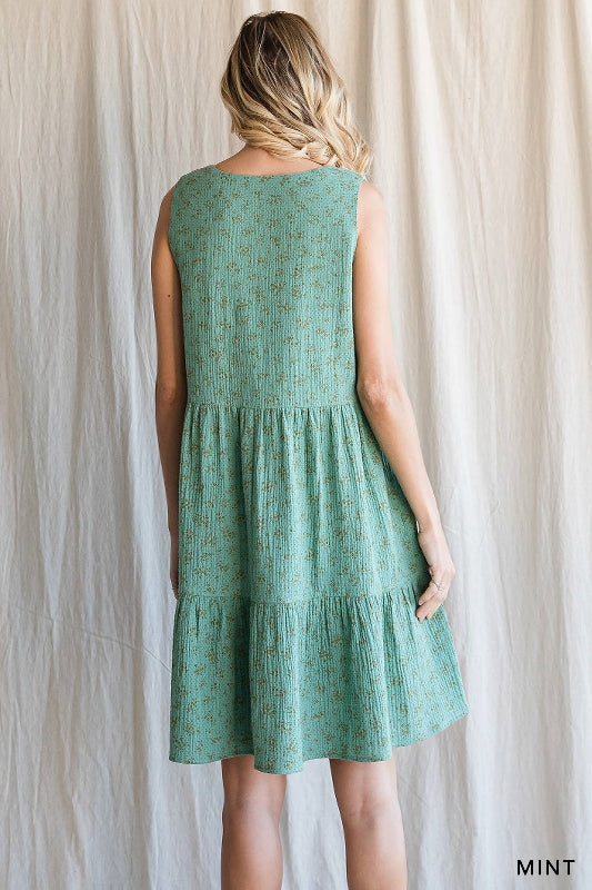 Gauze Ditsy Floral Print Tier Dress - Mint